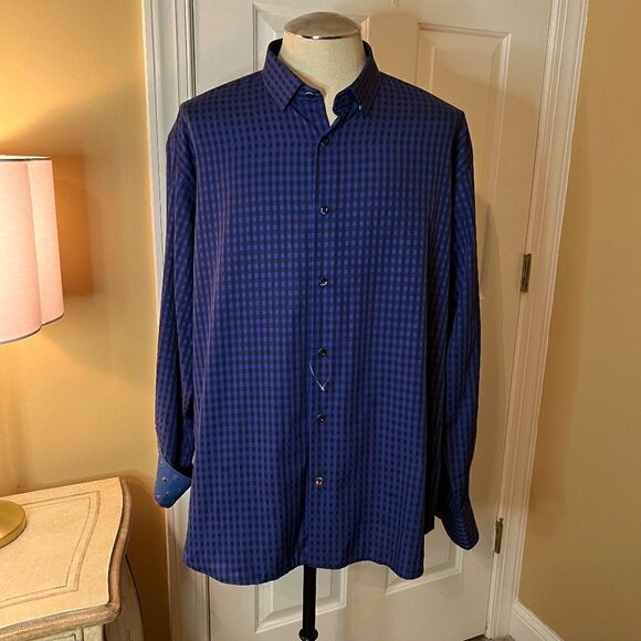 NWOT Men's Visconti Black Blue Gingham Button Down Flip Cuff Shirt Size XXL 2XL - Picture 1 of 4